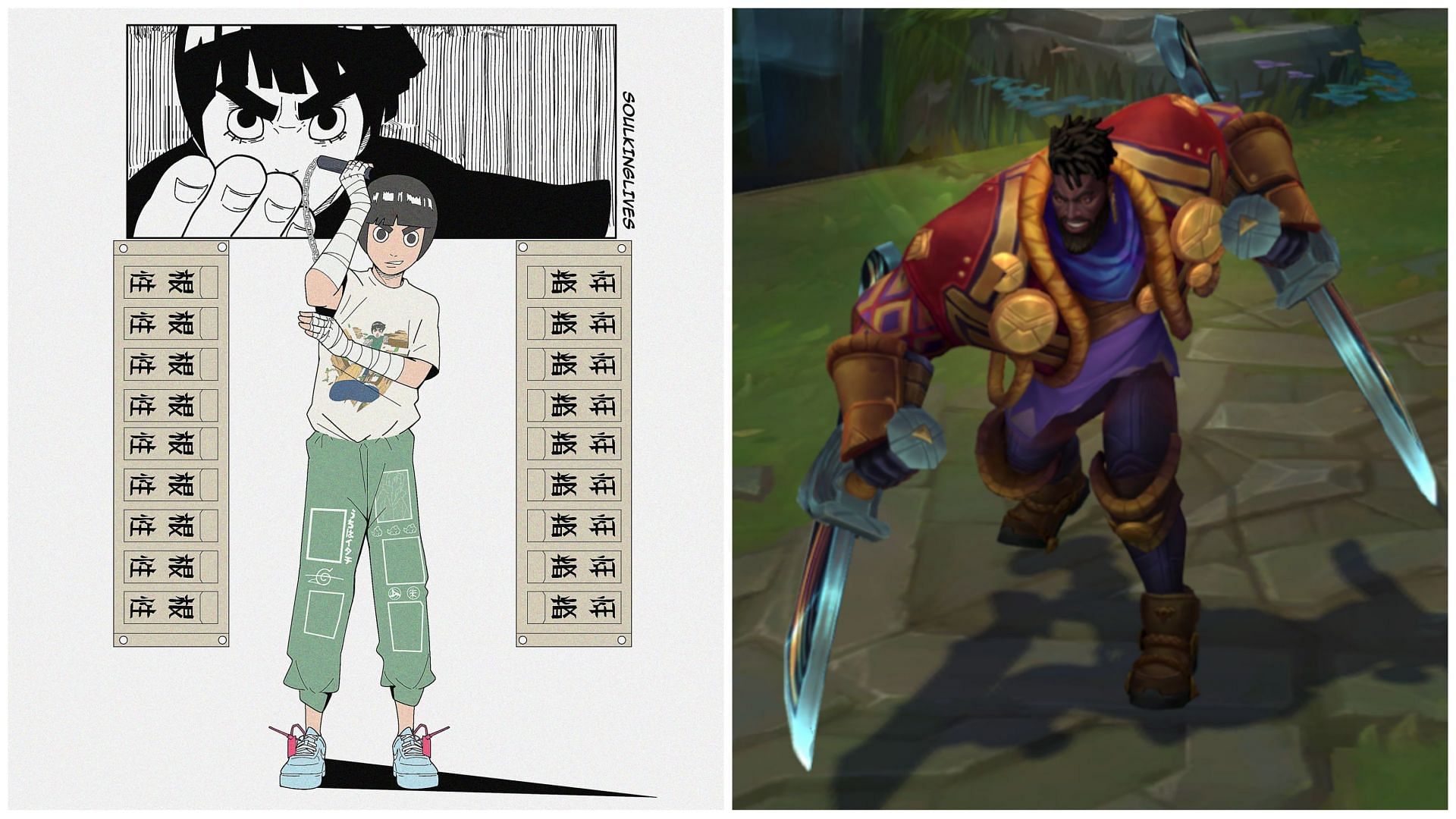 K&#039;Sante&#039;s R - All Out&#039;s concept was inspired from Rock Lee&#039;s anime story in Naruto (Images via Naruto and League of Legends)