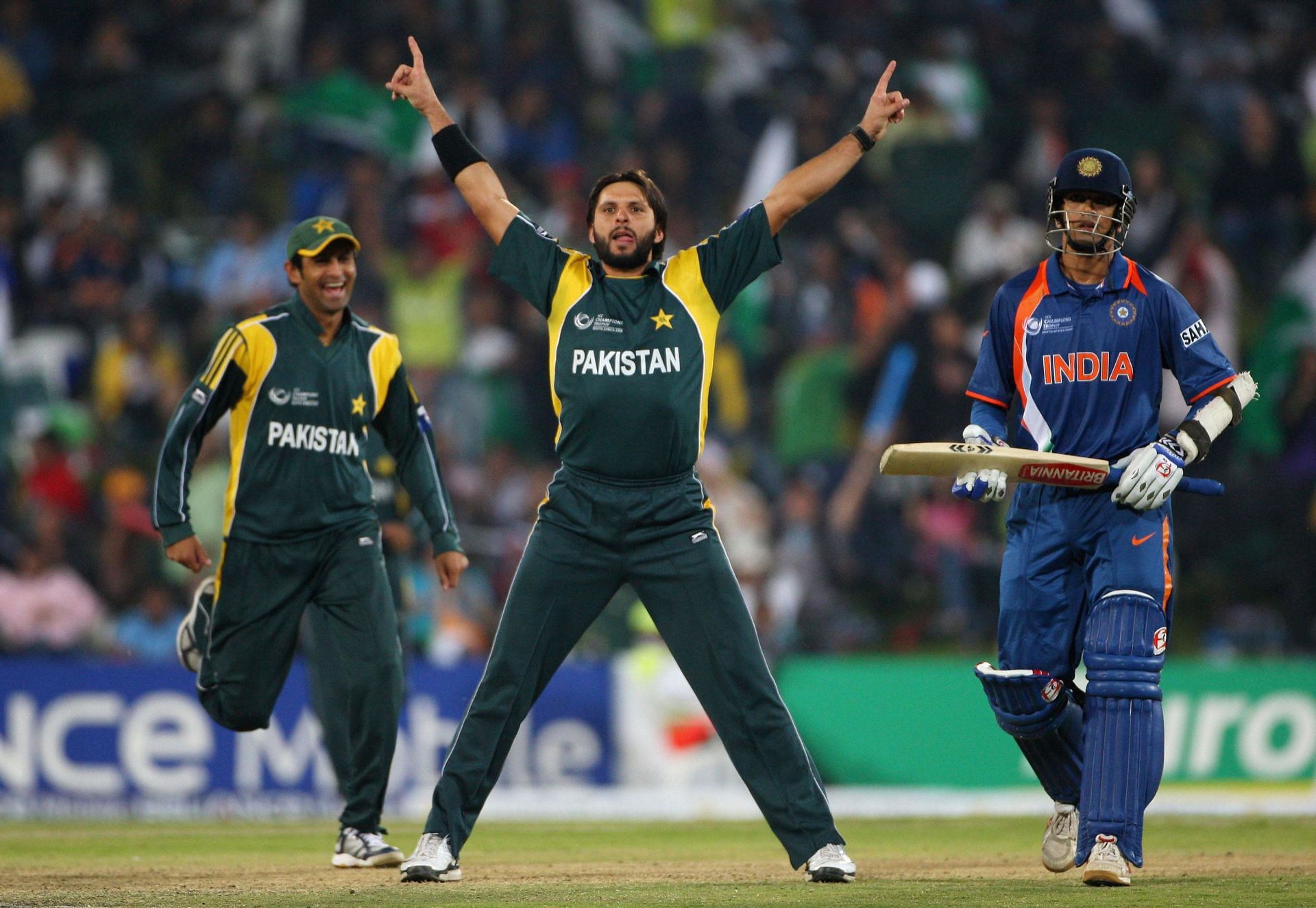 Shahid Afridi reacts after taking a wicket against India. Pic: Getty Images