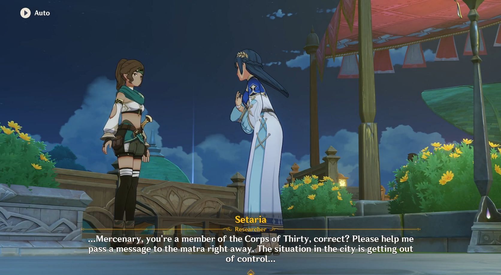 Setaria approaches a mercenary for help (Image via HoYoverse)