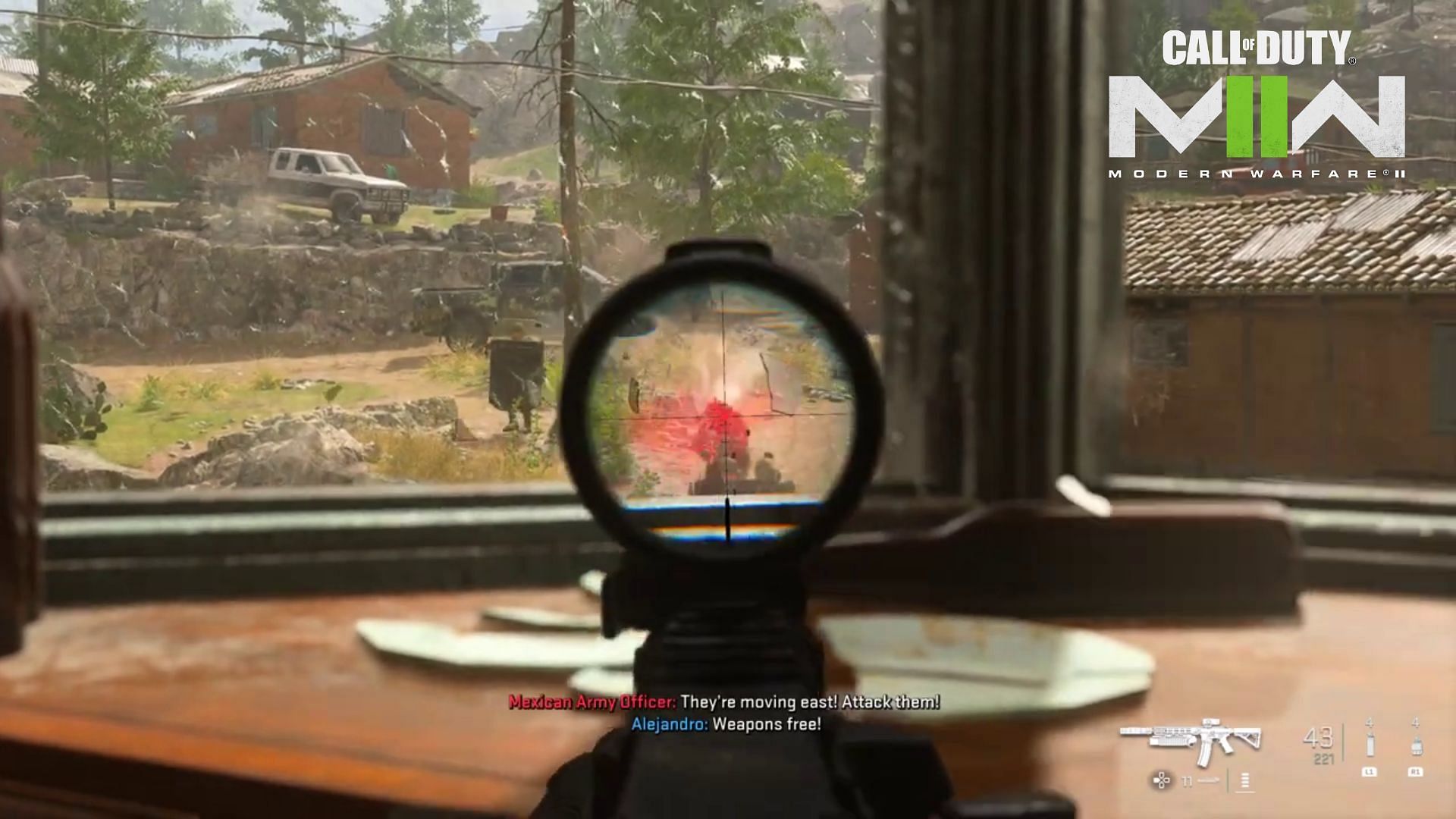 Take headshots on army men proceeding towards you (image via Activision)