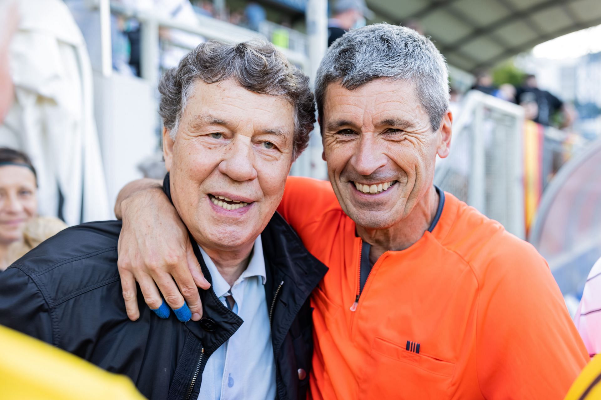 Otto Rehhagel poses with Markus Merk (R) during the &#039;Help After The Flood: Football&#039;s Charity match&#039; at Moselstadion on August 11, 2021, in Trier, Germany.
