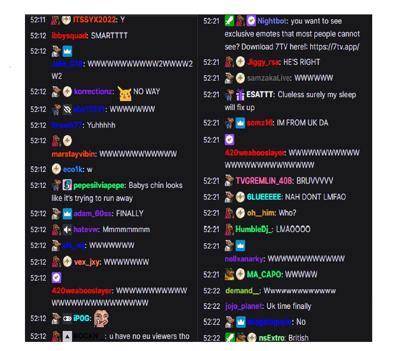 Fans spam &quot;W&quot; in the chat (image via Kai Cenat Twitch)