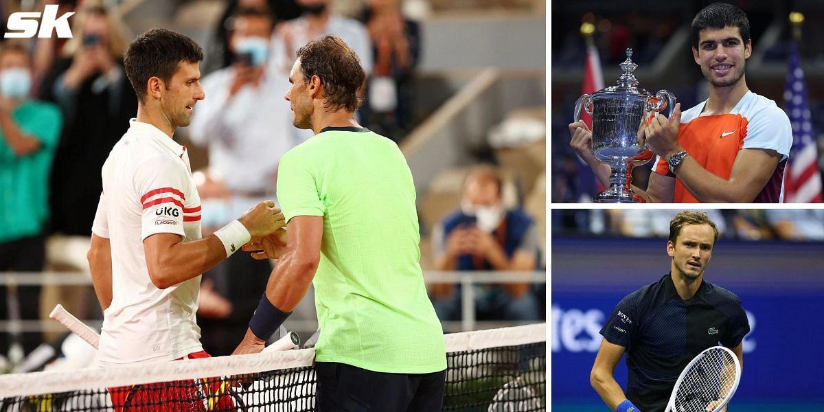 Novak Djokovic and Rafael Nadal (L); Carlos Alcaraz (Top-R), and Daniil Medvedev.