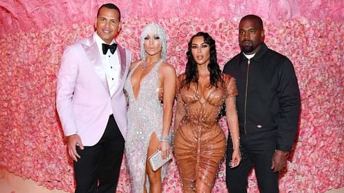 Alex Rodriguez and Jennifer Lopez with Kim Kardashian and Kanye West.