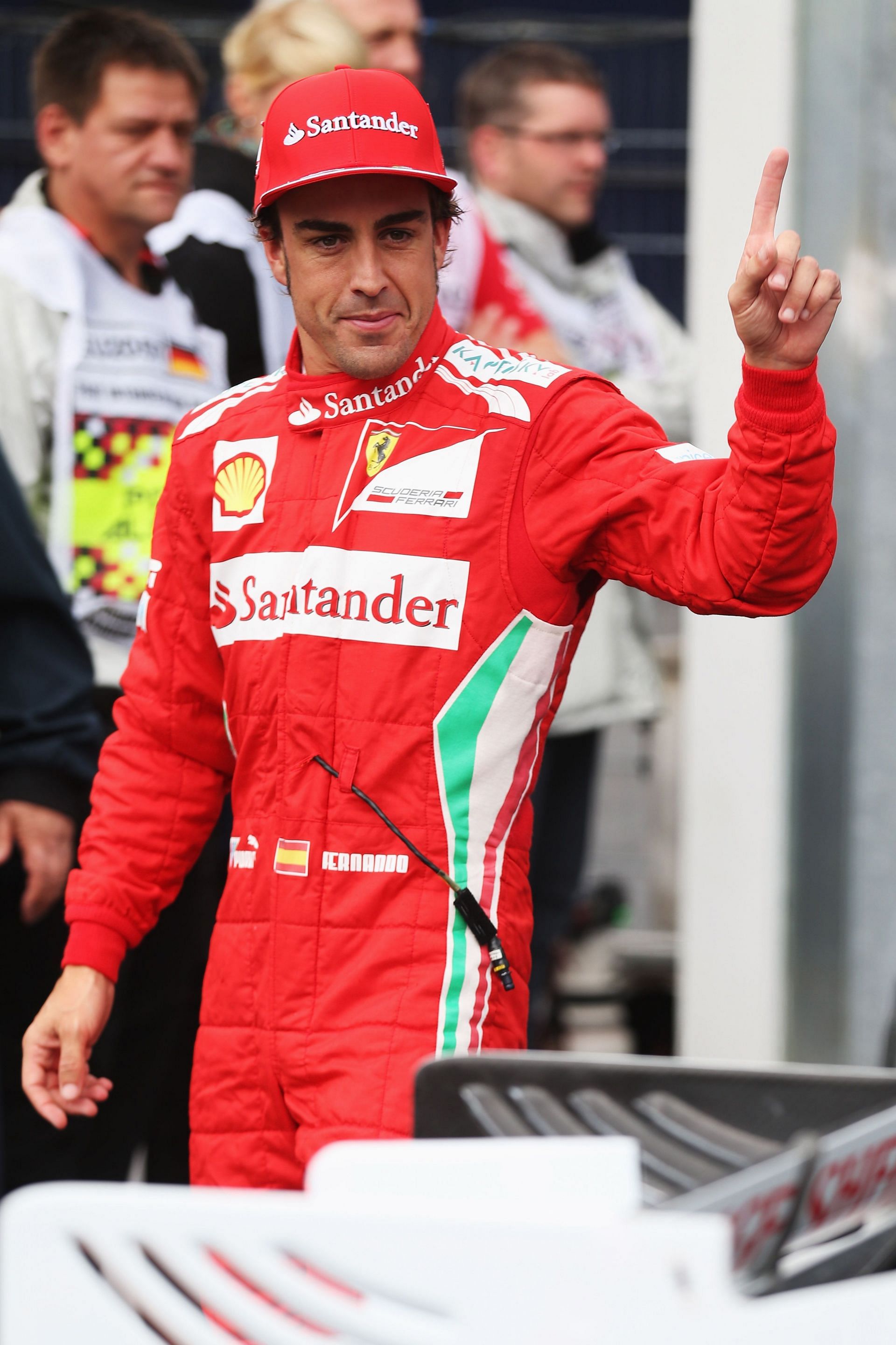 A happy Fernando Alonso after qualifying on pole at the 2012 German Grand Prix
