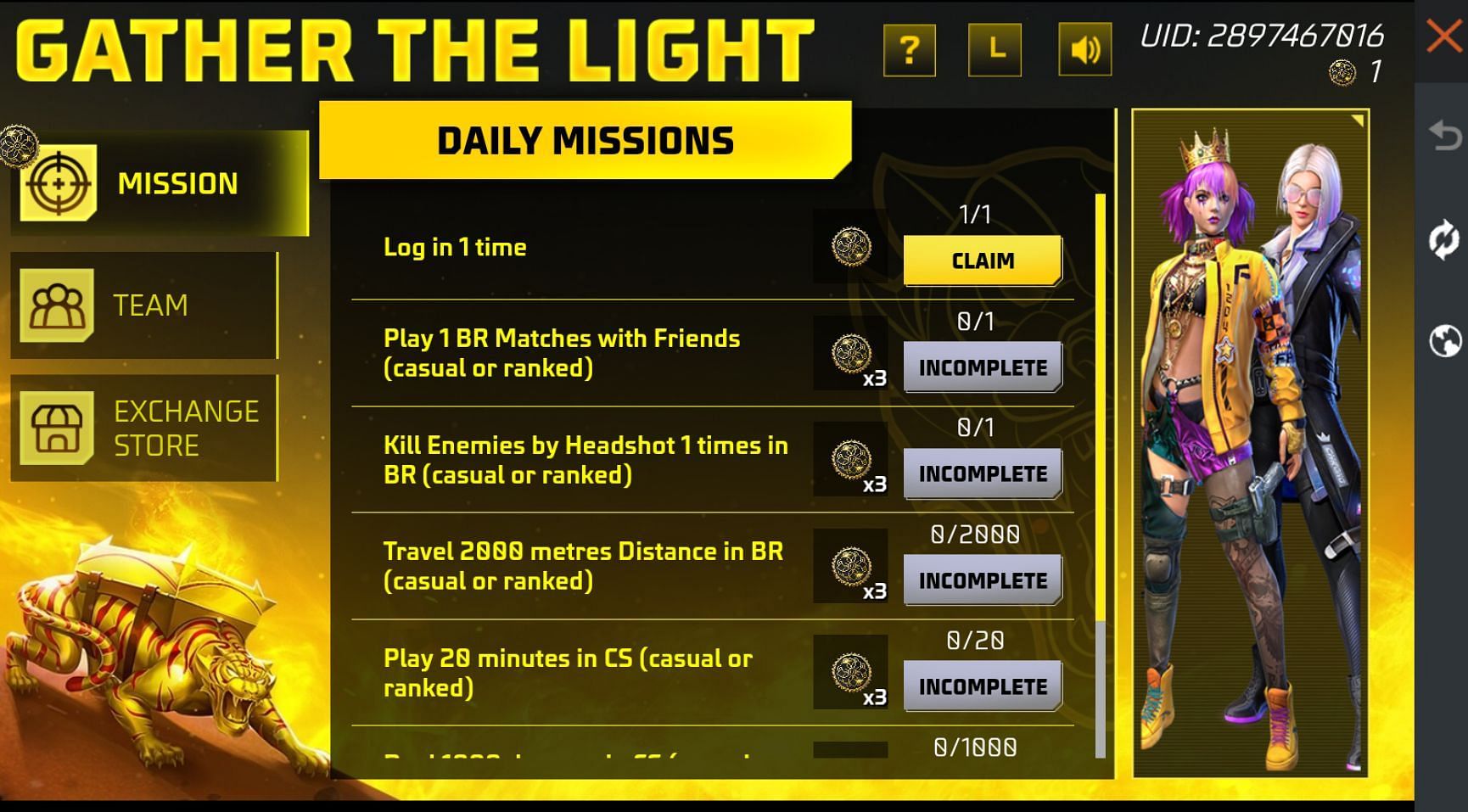 Missions to get Light tokens in the game (Image via Garena)