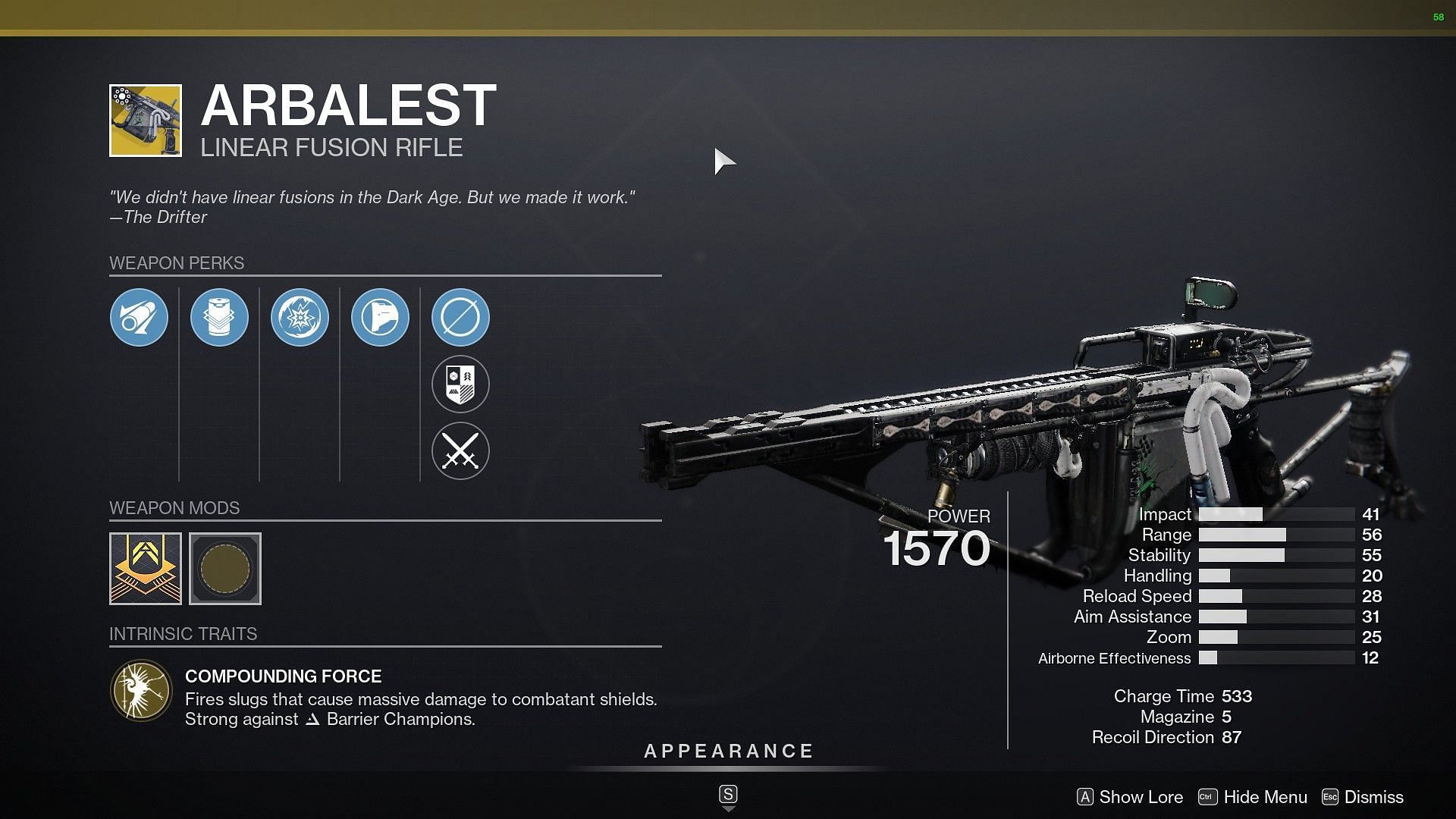 Arbalest Linear Fusion Rifle is for sale at Xur this weekend (Image via Destiny 2)