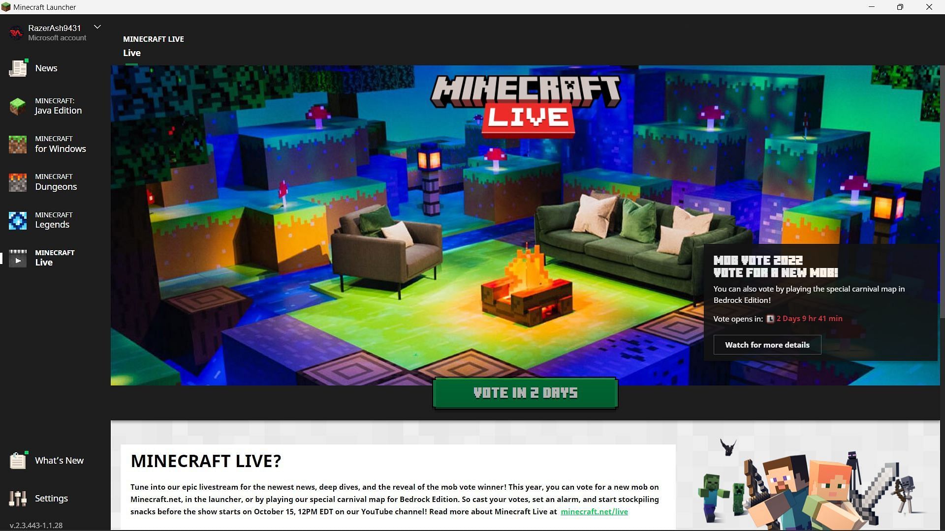 New Minecraft Live tab on the official launcher where players can vote as well (Image via Sportskeeda)