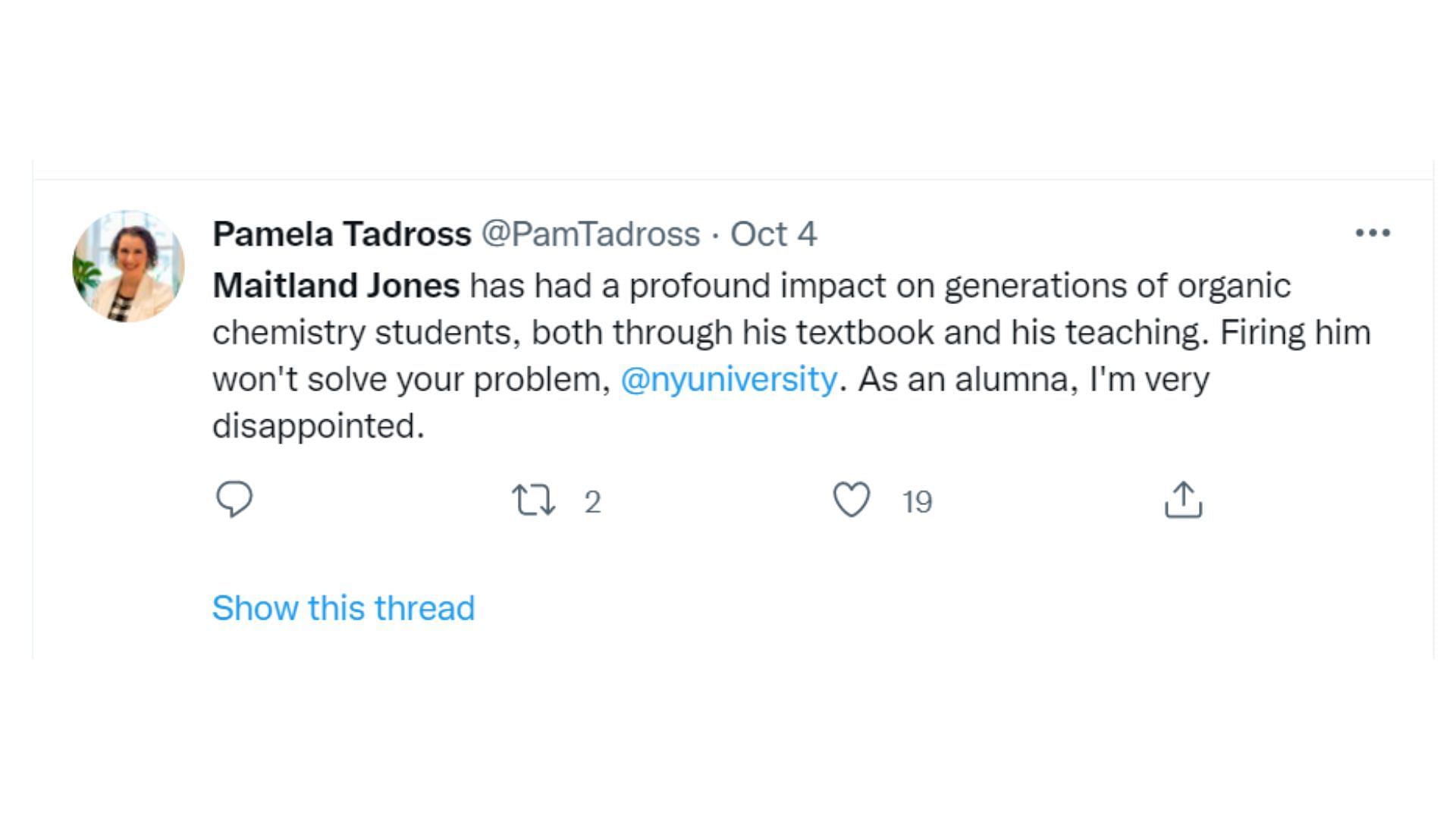 Alumna speaks up in support of Dr Jones (Image via @pamtadross/Twitter)