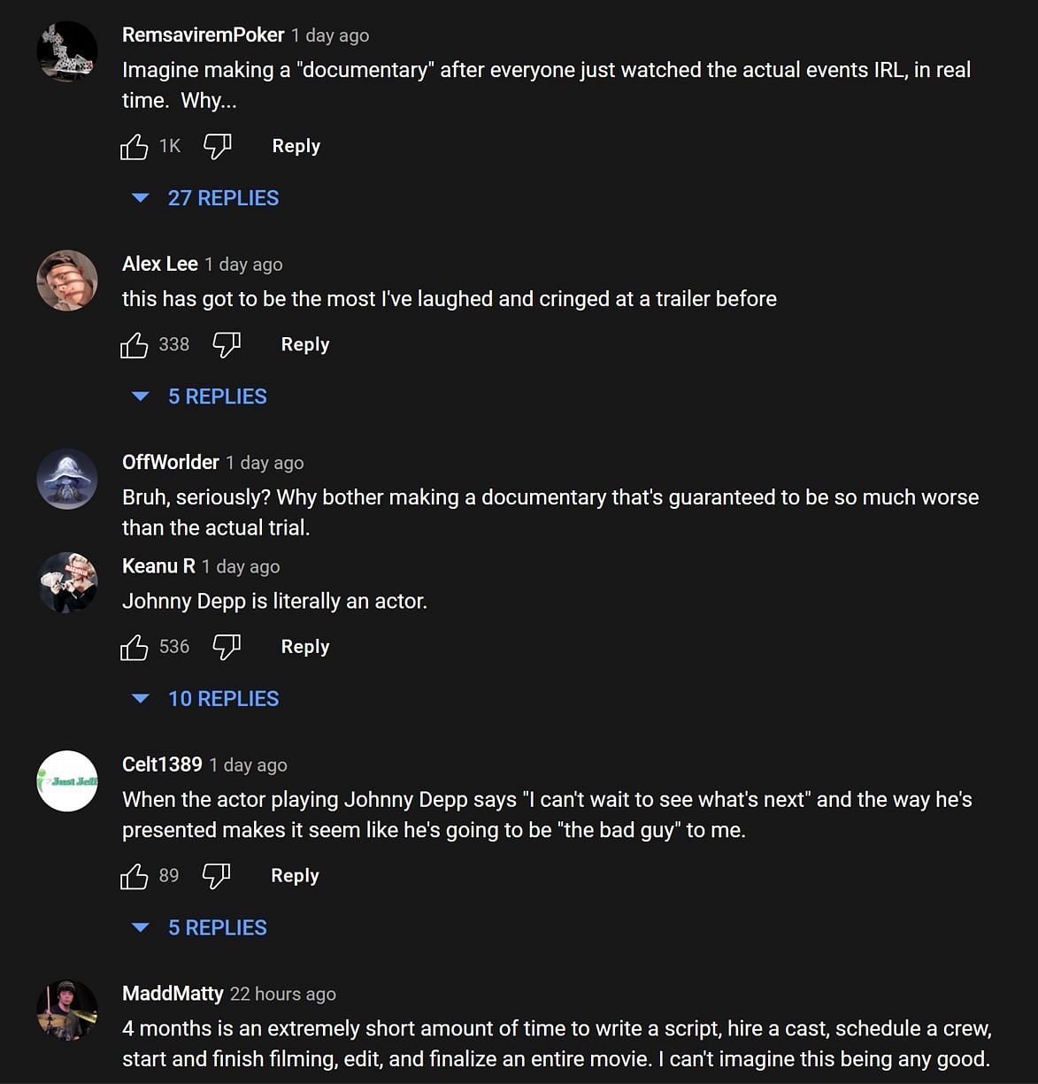 Fans in the YouTube comments section providing their take on the Johnny Depp vs Amber Heard trial documentary (Image via Asmongold Clips/YouTube)