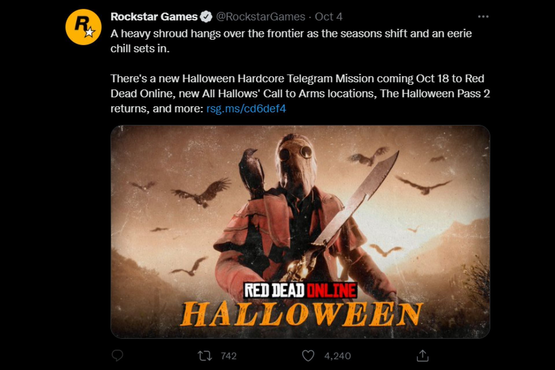 Rockstar&#039;s official tweet about the Halloween event in Red Dead Online (Image via Rockstar Games)