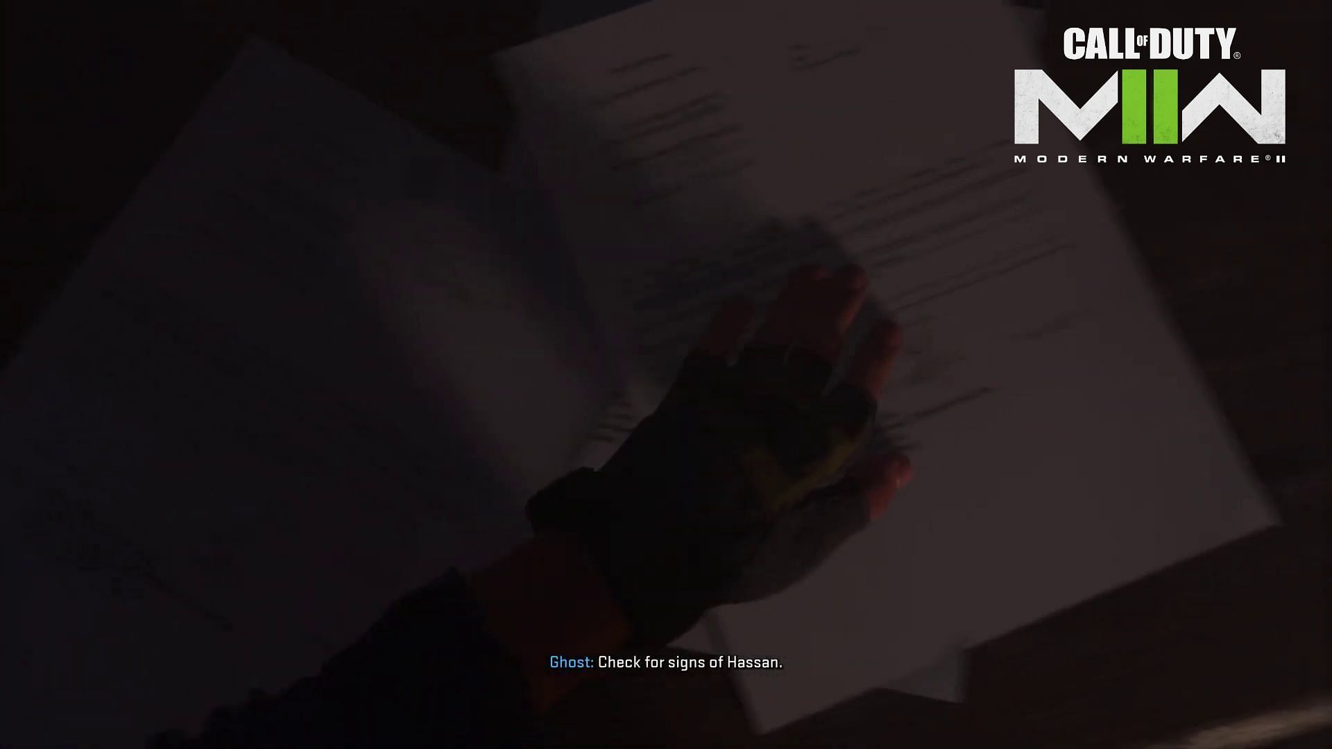 Interacting with papers will indicate on Hassan&#039;s whereabouts (Image via Activision)