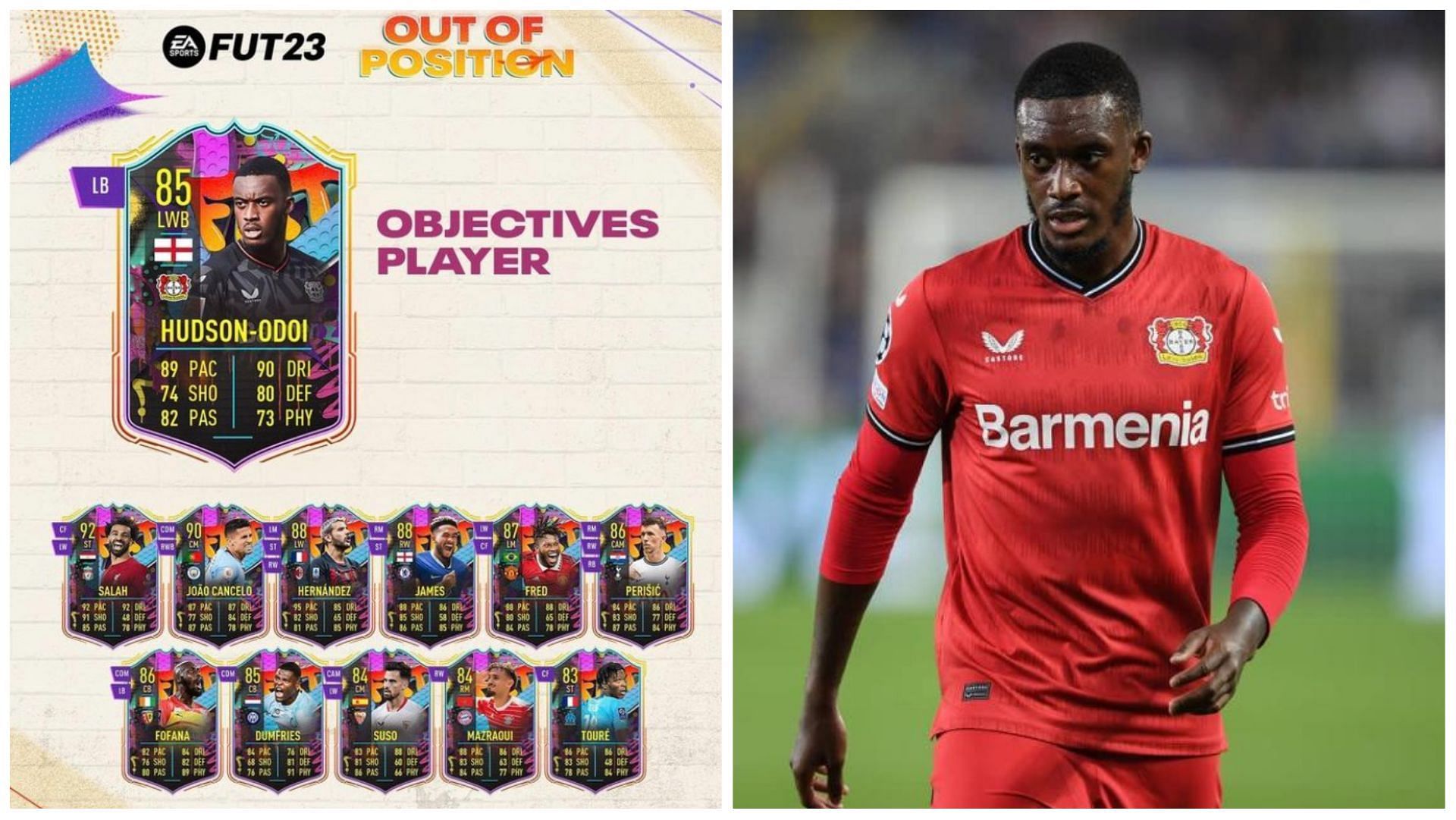 Hudson-Odoi has received an objective card in FIFA 23 (Images via EA Sports and Getty Images)