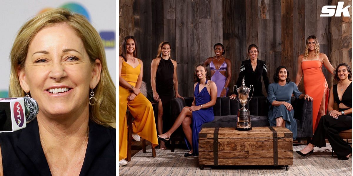 Chris Evert reacts to tennis players posing at WTA Finals gala