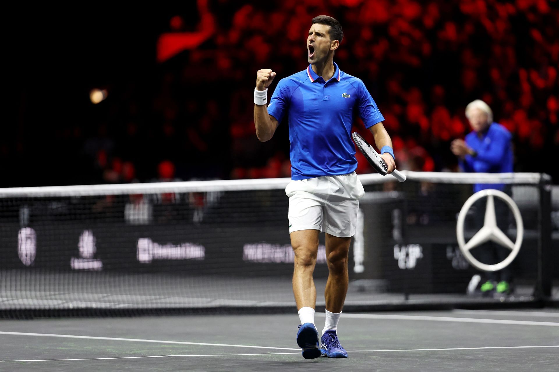 Novak Djokovic celebrates a point against Felix Auger-Aliassime at the 2022 Laver Cup