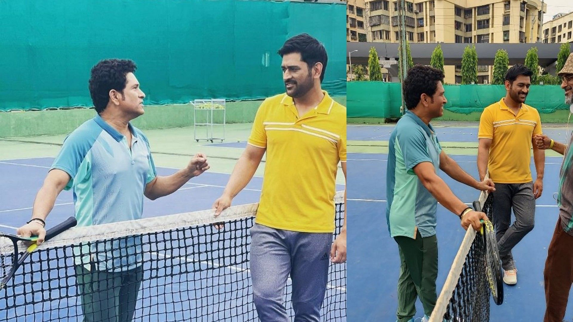 टेनिस कोर्ट में सचिन तेंदुलकर और महेंद्र सिंह धोनी