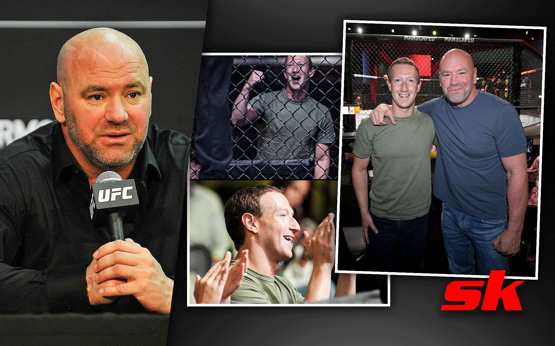 Dana White (left), Mark Zuckerberg (center), and the two posing together (right). [Images courtesy: left image from Getty Images, center image from Instagram @espnmma, and right image from Instagram @ufc]