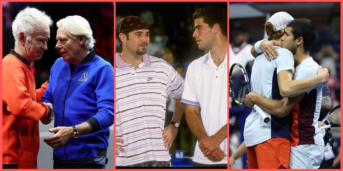 From L: John McEnroe, Bjorn Borg, Andre Agassi, Pete Sampras, Jannik Sinner and Carlos Alcaraz 