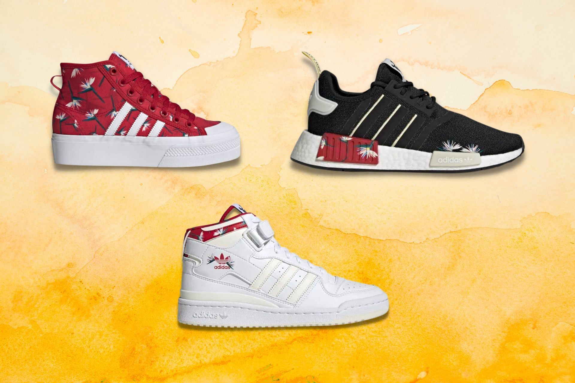 Newly revealed Adidas x Thebe Magugu 3-piece footwear collection featuring Forum Mid, NMD_R1, and Nizza Platform Mid (Image via Sportskeeda)