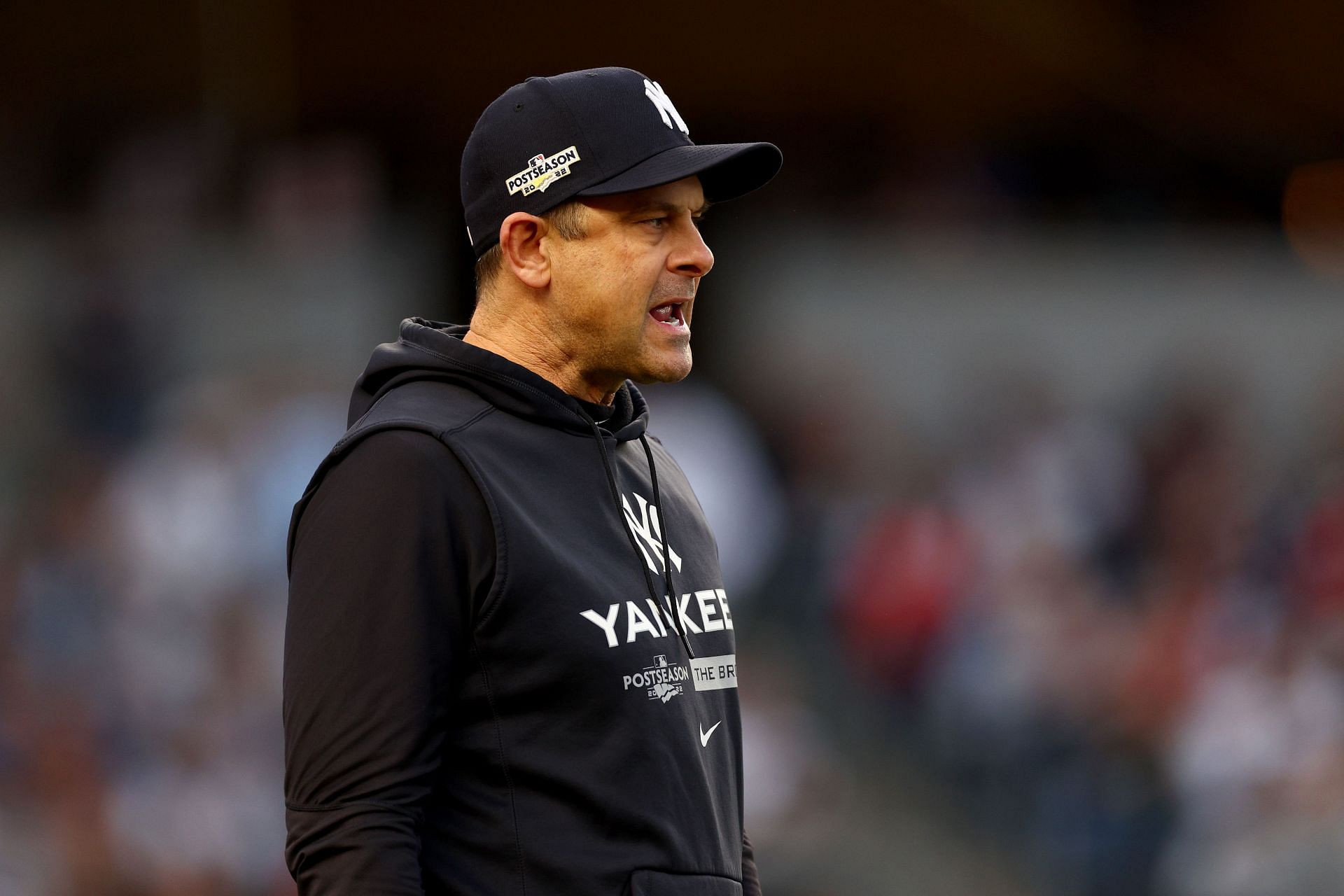 Manager Aaron Boone #17 of the New York Yankees reacts against the Houston Astros during the second inning in game three of the American League Championship Series at Yankee Stadium on October 22, 2022 in New York City.