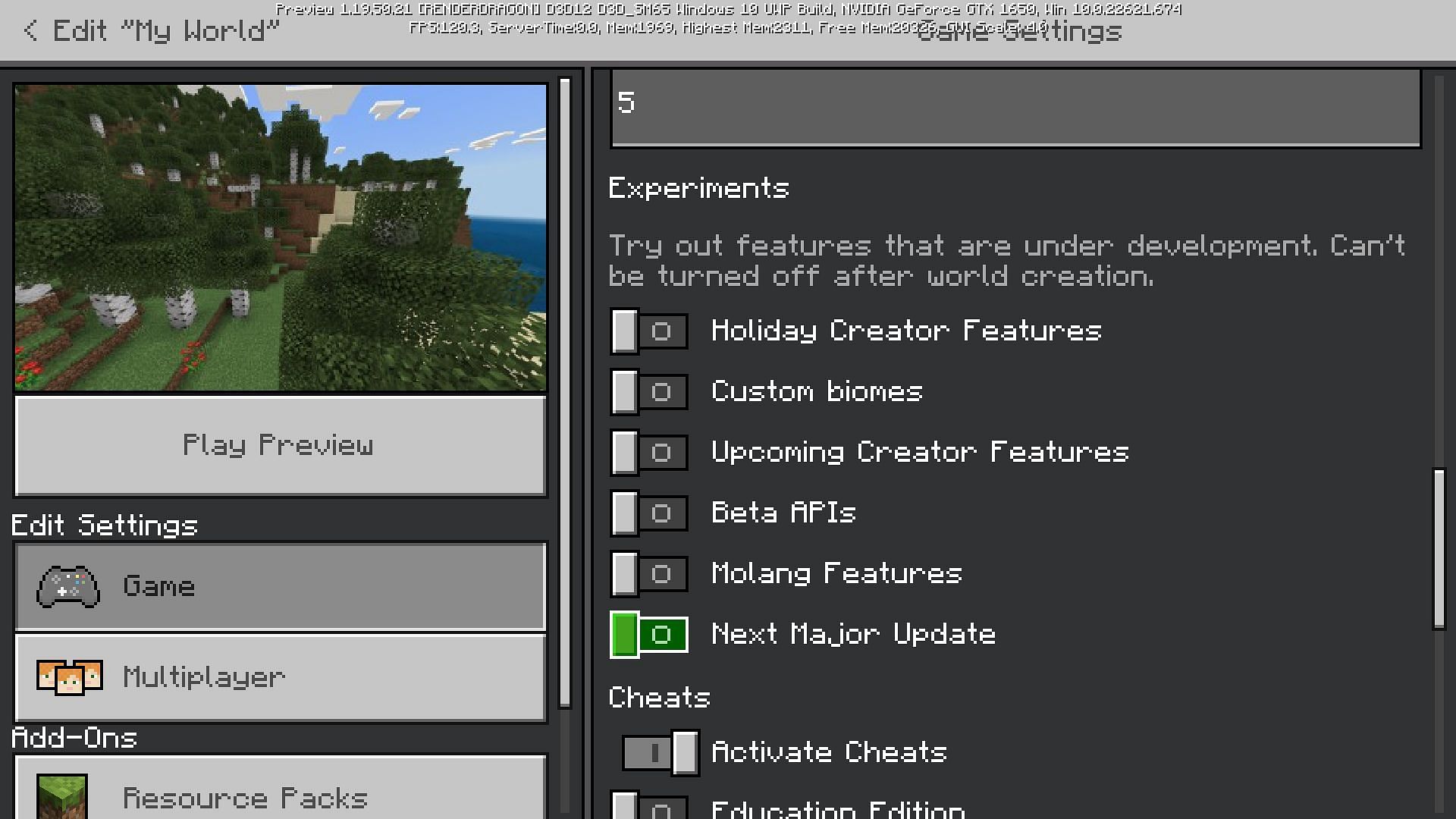 Turn on the &#039;Next major update&#039; toggle in a world to activate the new features (Image via Mojang)