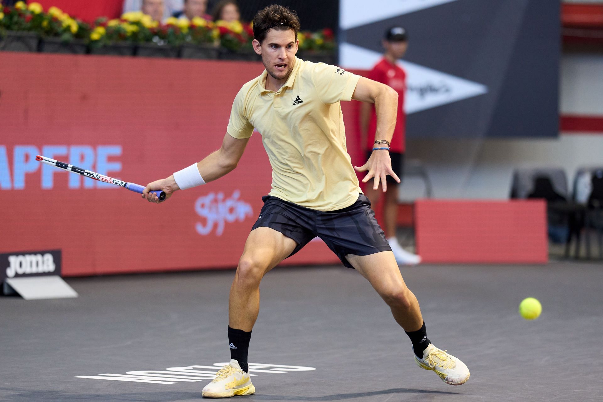 Dominic Thiem plays a forehand in his semi-final match against Andrey Rublev at the Gijon Open - Day Six