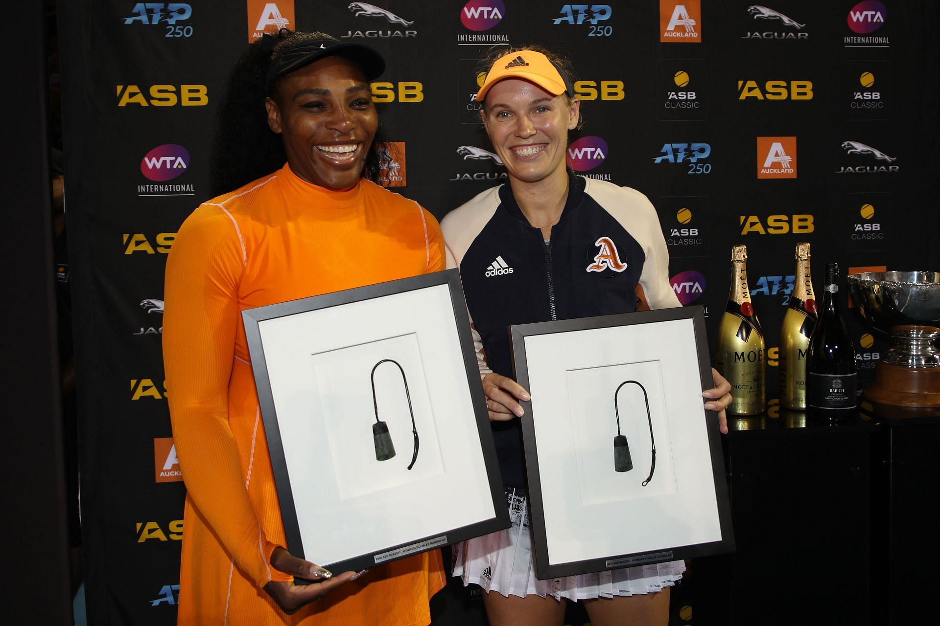 Caroline Wozniacki and Serena Williams following their doubles final at the 2020 Women&#039;s ASB Classic: Day 7
