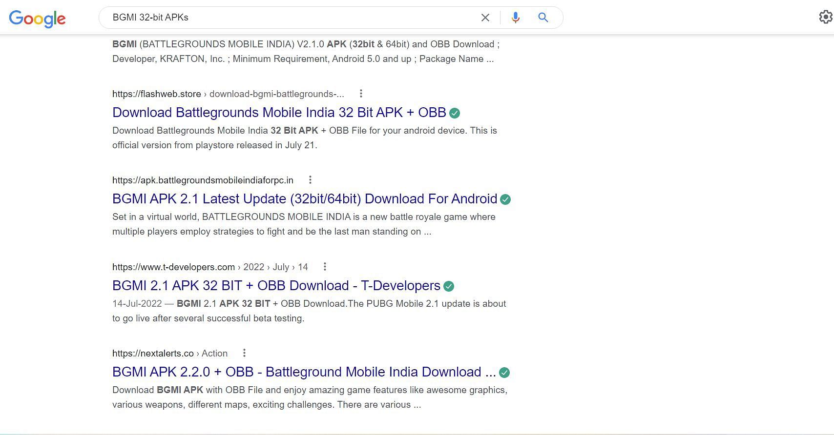 Many fake links for the latest version of BGMI 32-bit APKs are available (Image via Google)