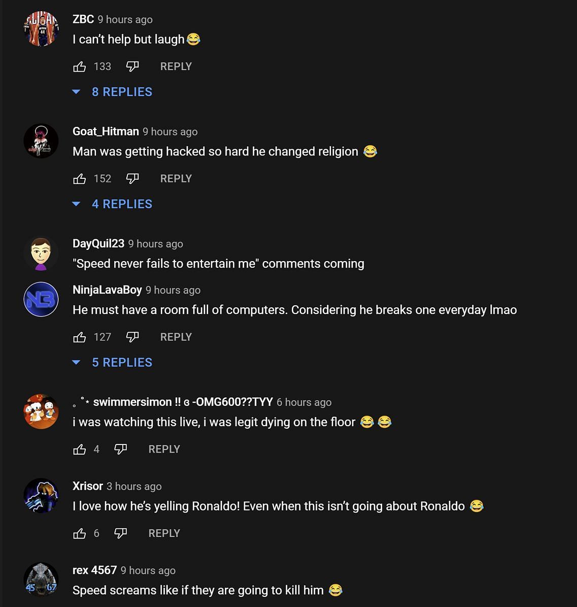 Fans in the comments section on YouTube react to the streamer's viral clip (Image via Speedy Boykins/YouTube)