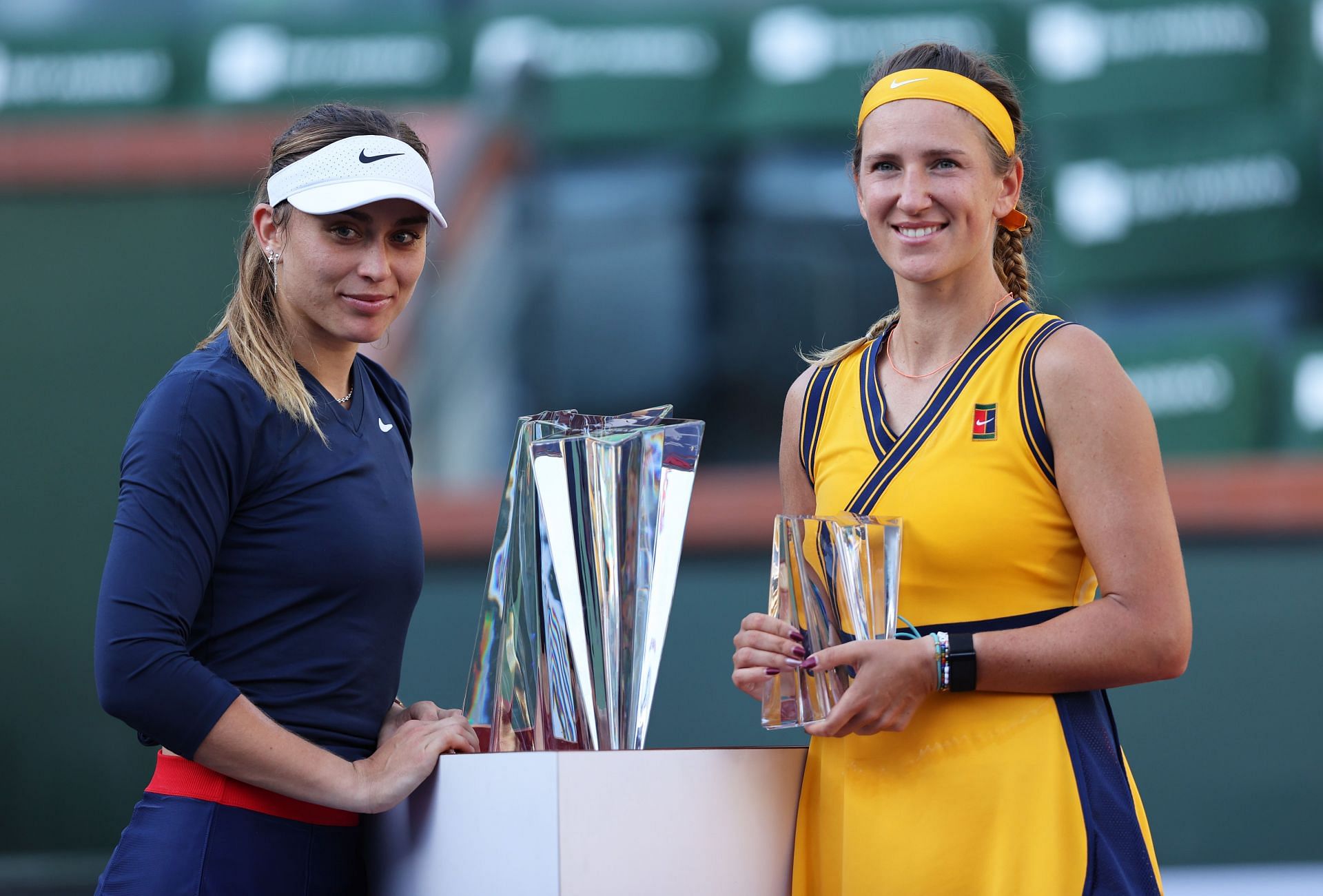 Paula Badosa and Victoria Azarenka at the 2021 BNP Paribas Open.