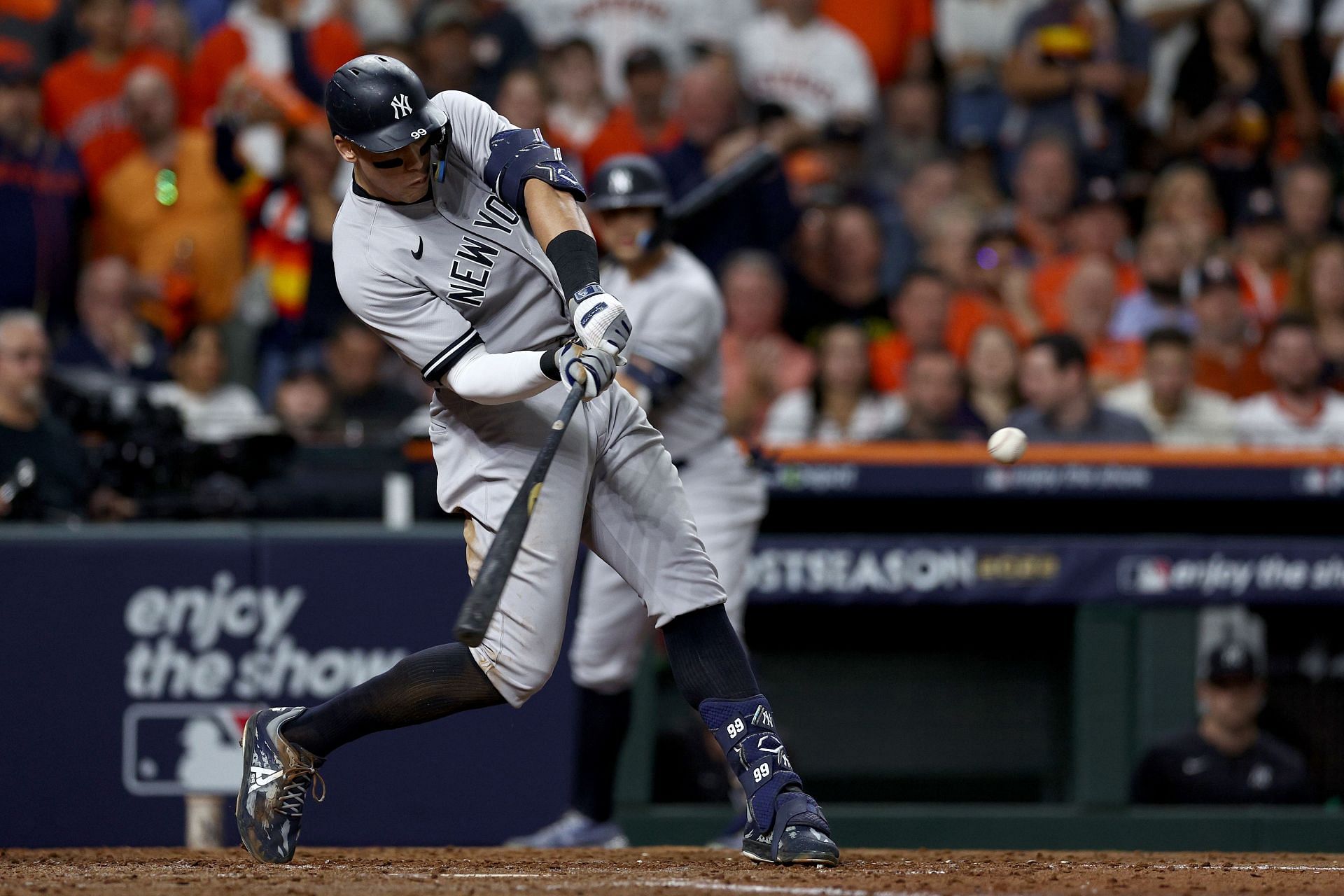 Aaron Judge hits a fly out against the Houston Astros in game two of the ALCS