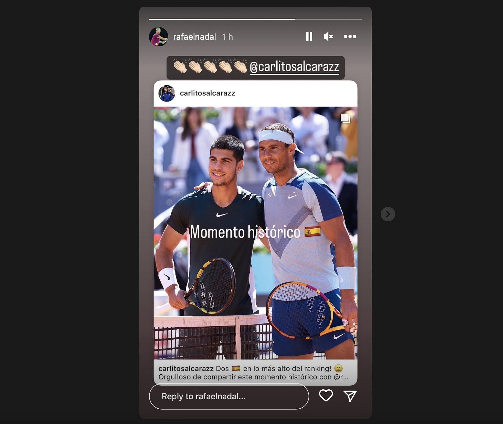 Rafael Nadal acknowledging Carlos Alcaraz&#039;s post