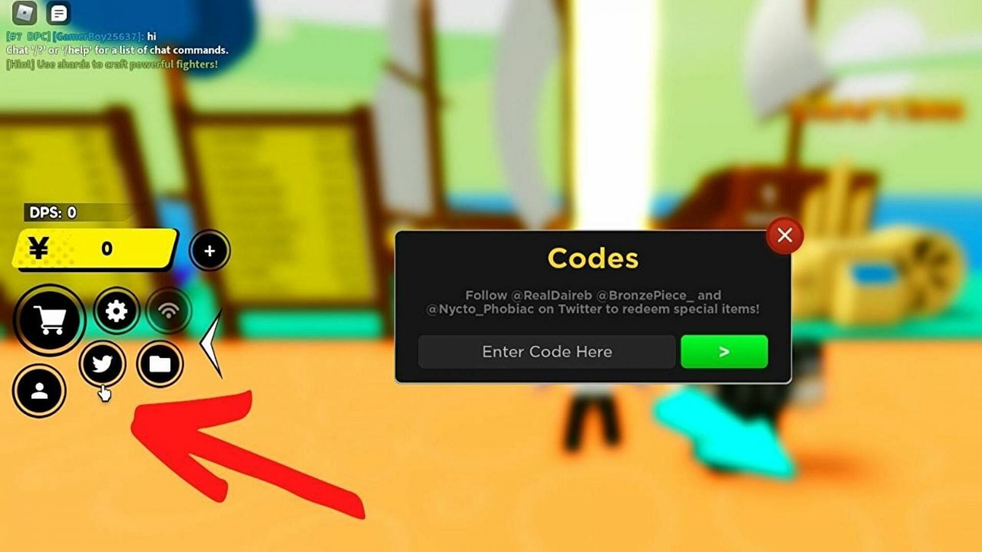 Tap on the blue Twitter bird button to open a code redemption window panel in Roblox Anime Fighters Simulator (Image via YouTube)