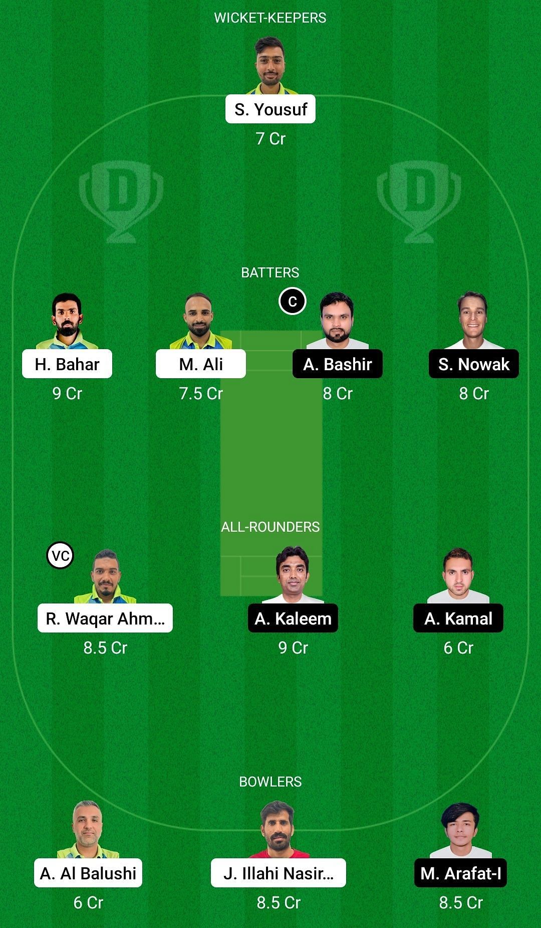 Dream11 Team for Azaiba XI vs Khuwair Warriors - Oman D10 League 2022.