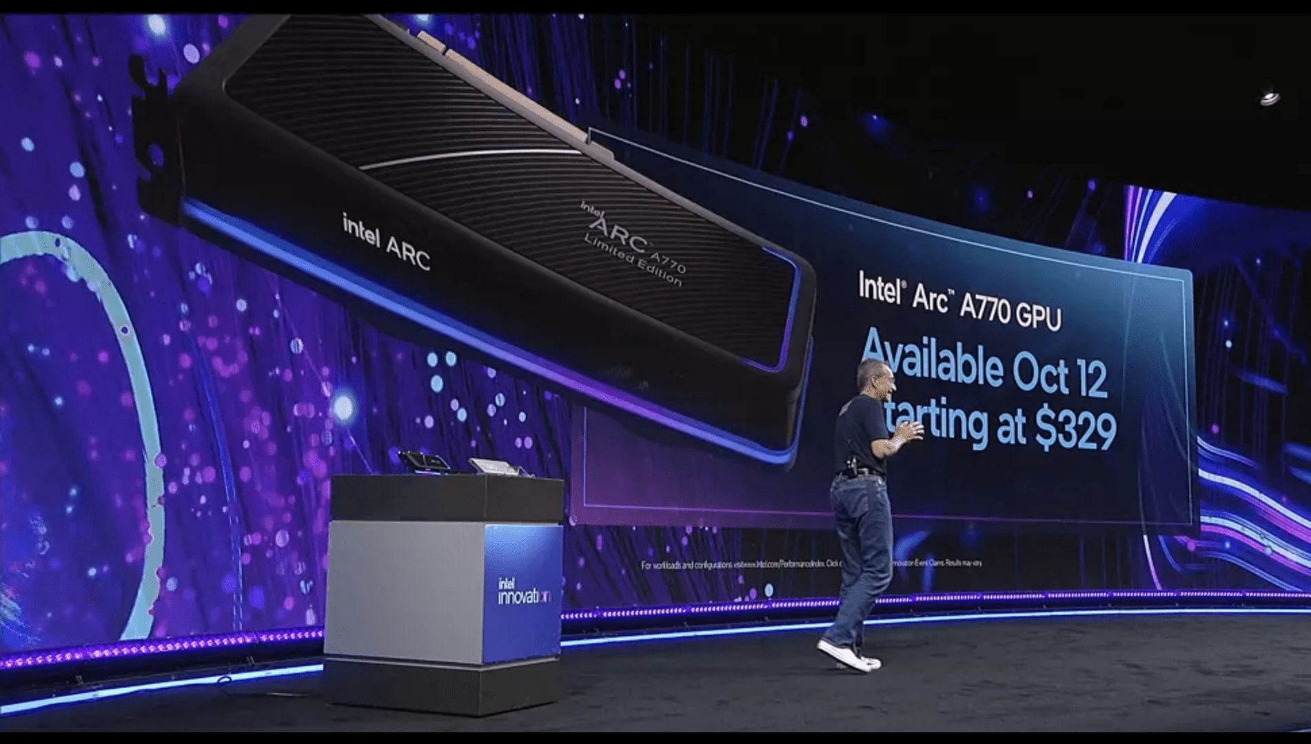 Intel CEO Pat Gelsinger announces the Arc A770 GPU (Image via Intel)