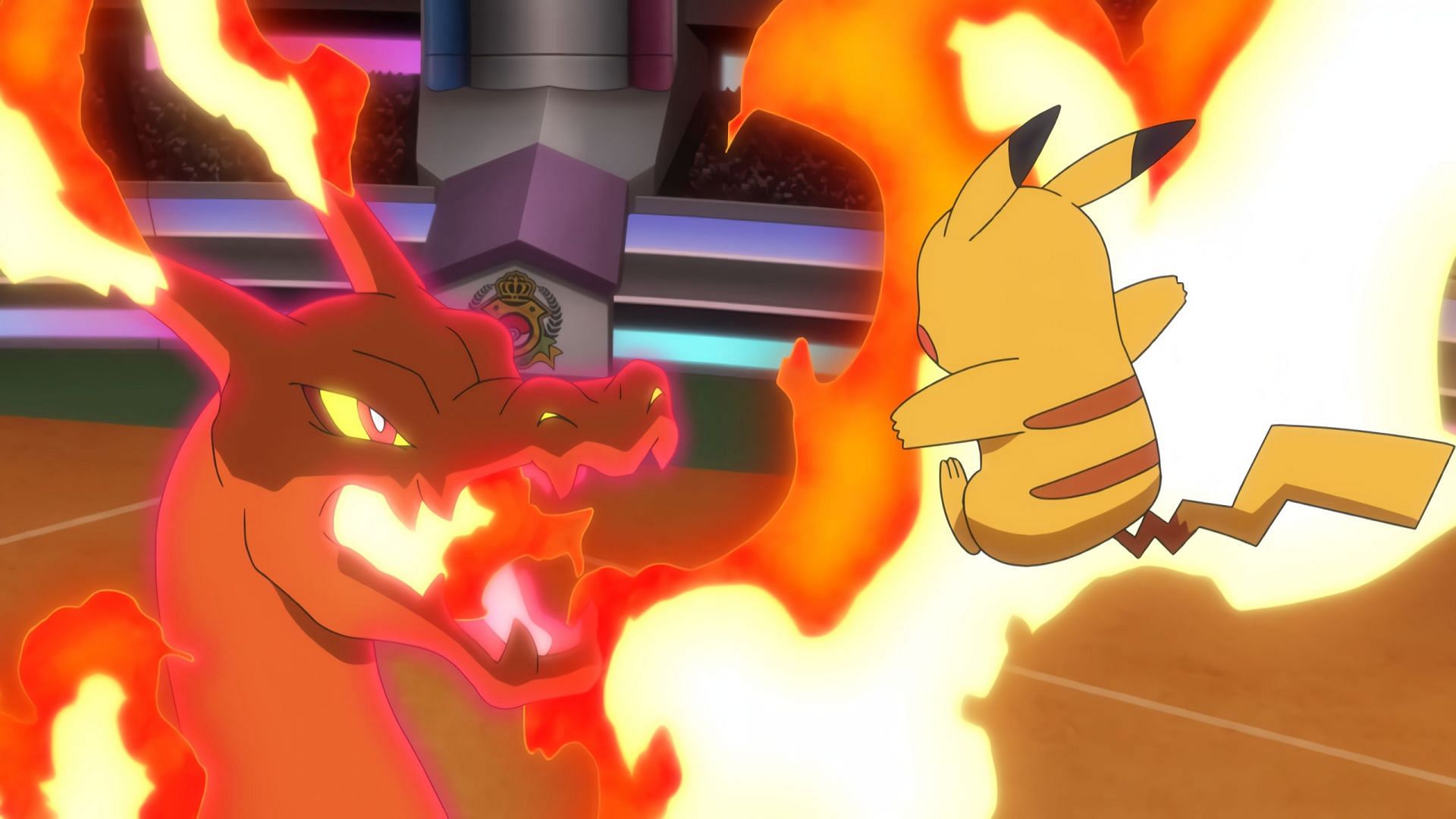Pikachu and Charizard fighting in Pokemon Journeys episode 131&#039;s preview (Image via OLM Incorporated)