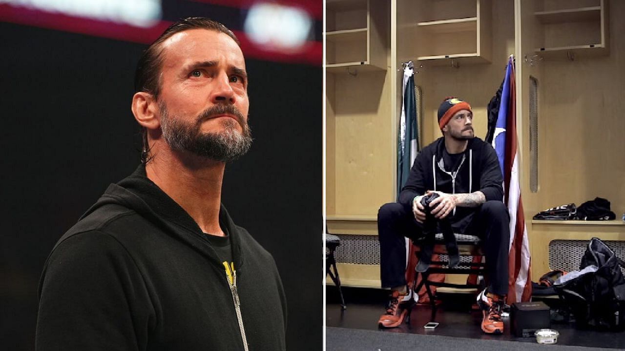 CM Punk on All Elite Wrestling TV (left); Punk sitting in a locker room (right)
