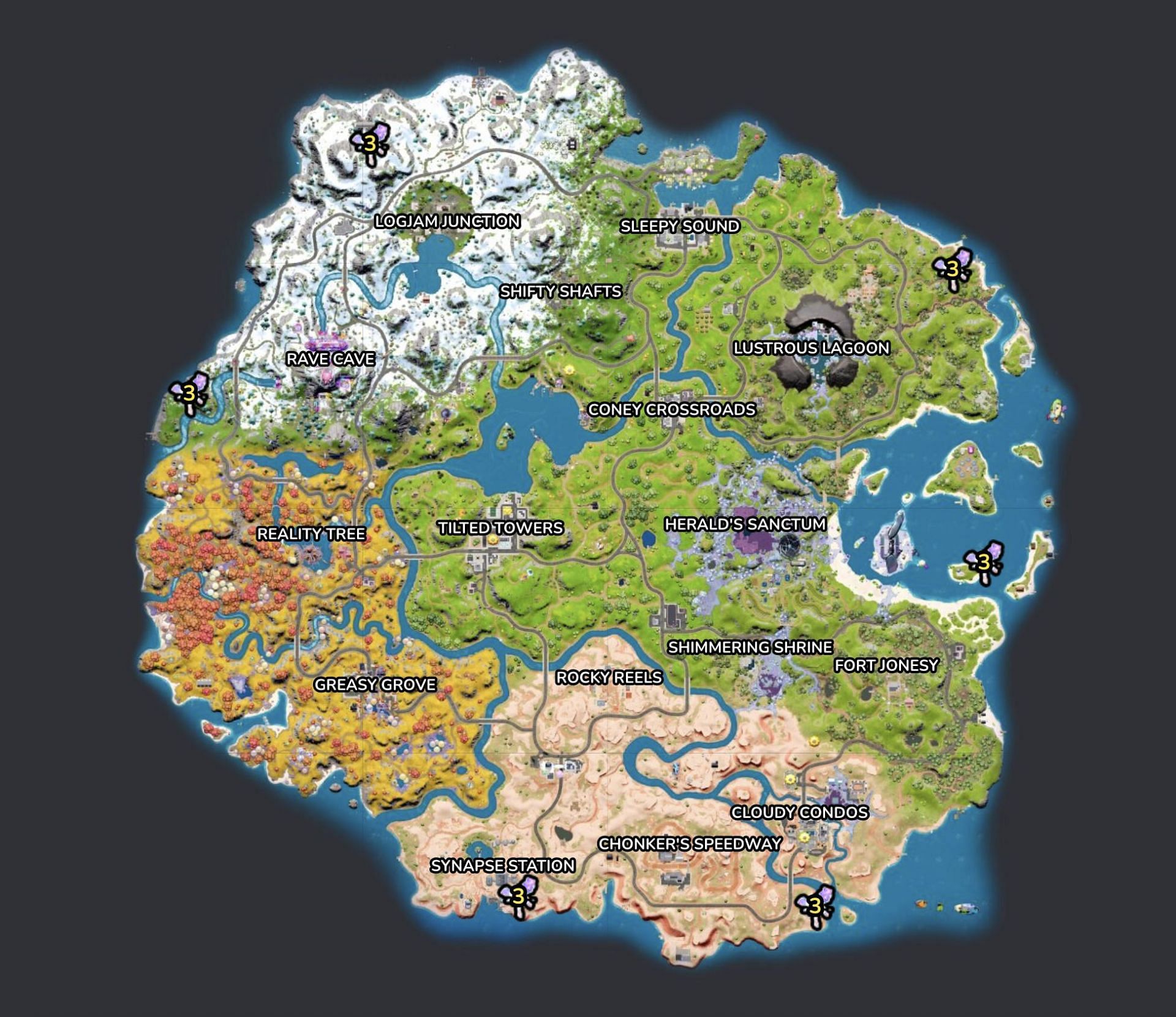 Every possible rift can be found at these spots (Image via Fortnite.GG)