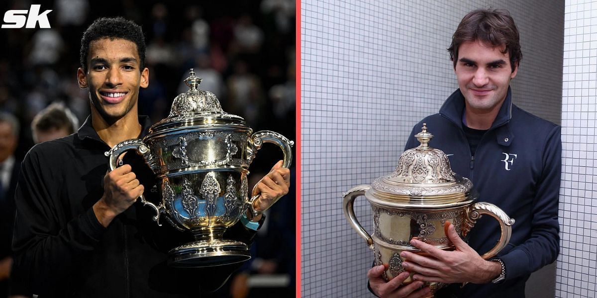 Felix Auger-Aliassime and Roger Federer with their respective Swiss Indoors titles.