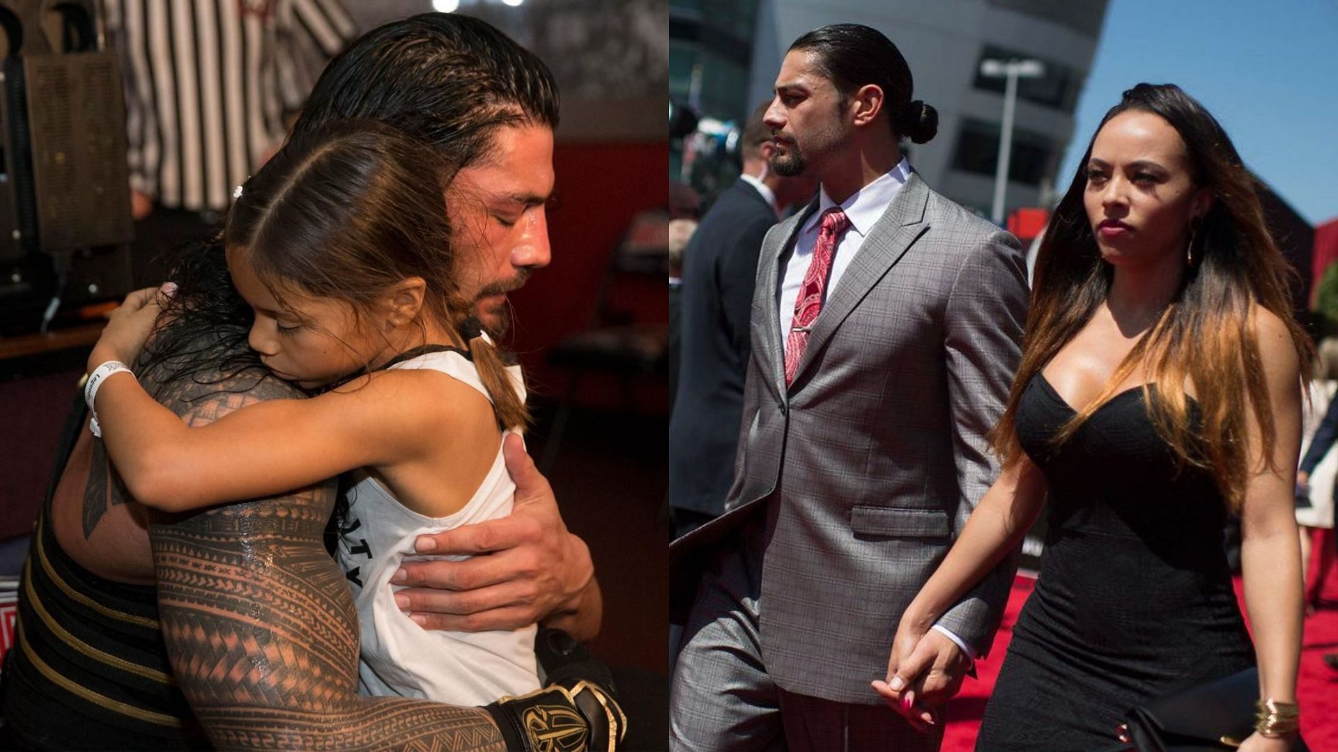 Roman Reigns with his eldest daughter (left) and his wife (right)