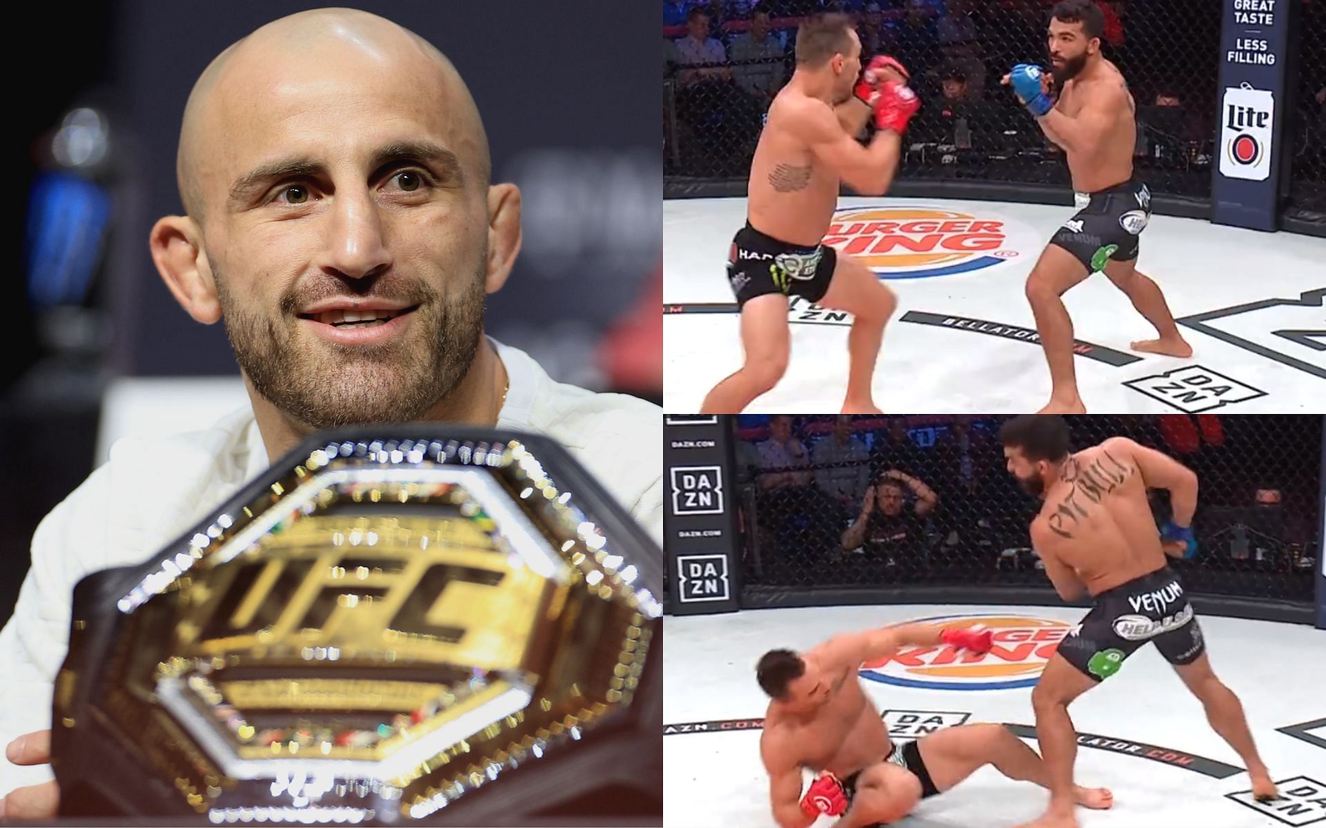 Alexander Volkanovski (Left), Chandler vs. Freire (Top and Bottom Right) [Image courtesy: Getty Images and @BellatorMMA Twitter]