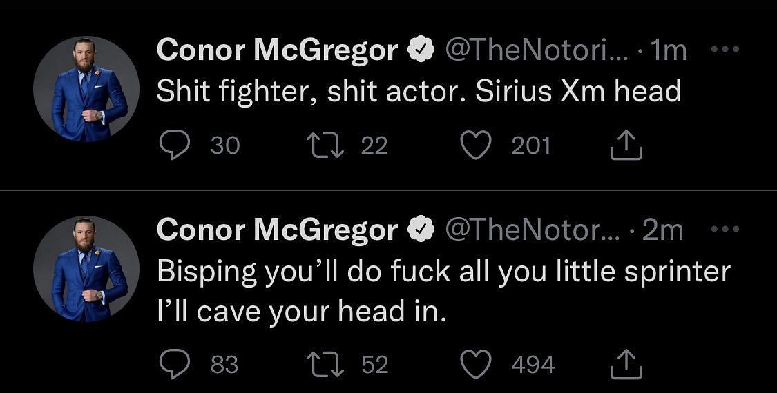 Conor McGregor&#039;s deleted tweets responding to Michael Bisping.