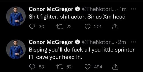 Conor McGregor's deleted tweets responding to Michael Bisping.