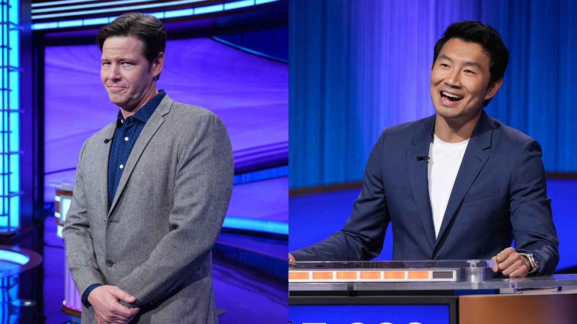 Ike Barinholtz and Simu Liu from Celebrity Jeopardy! Season 1 Episode 4