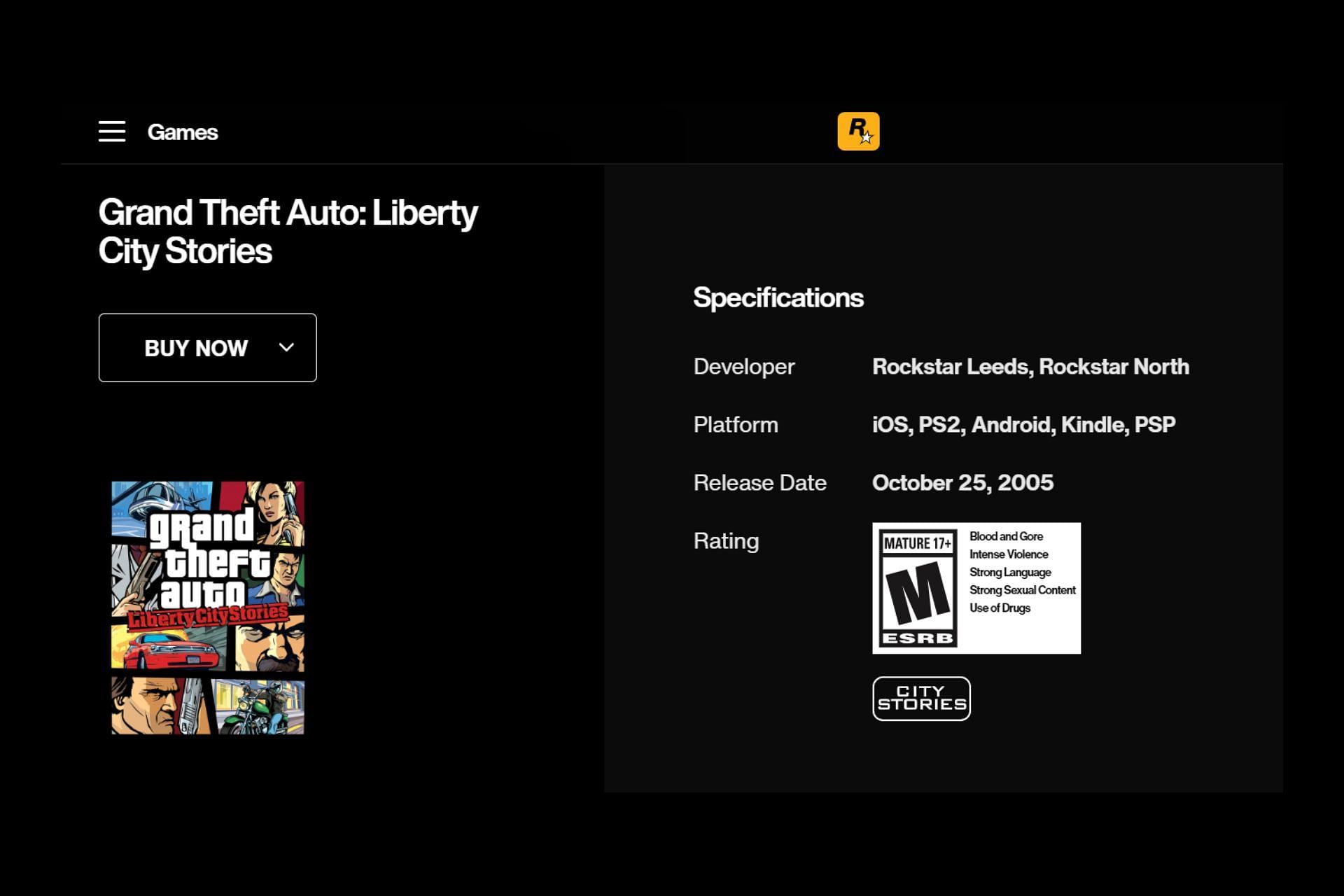 Grand Theft Auto Liberty City Stories&#039; release date as per the official Rockstar Games website