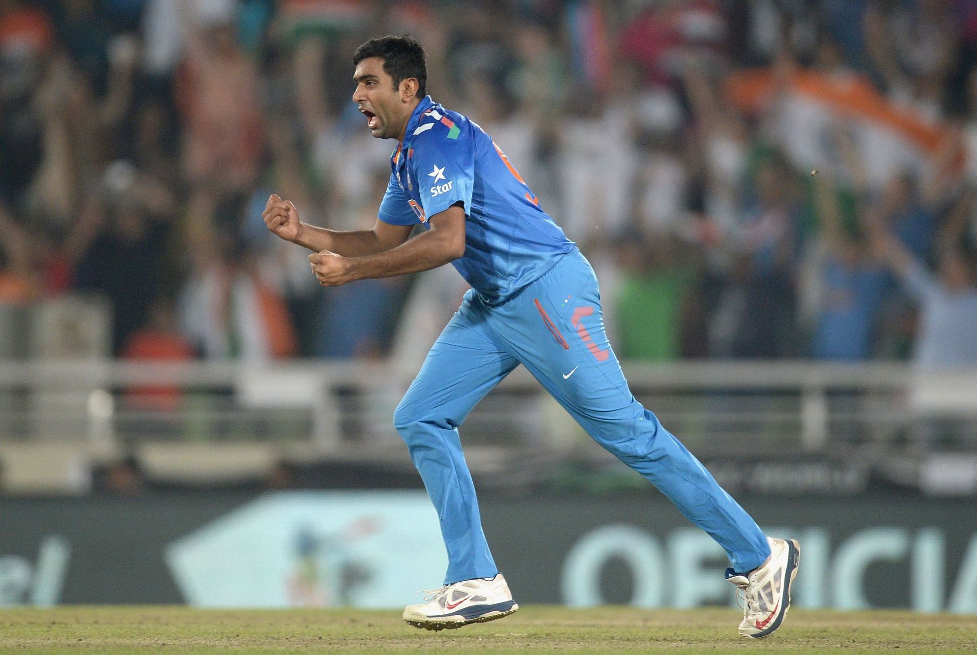 Ravichandran Ashwin celebrates after dismissing AB de Villiers during the 2014 T20 World Cup semi-final. Pic: Getty Images