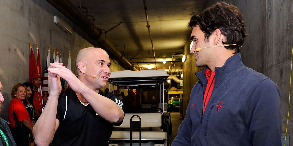 Roger Federer and Andre Agassi were involved in a bit of banter during their charity doubles match in 2010