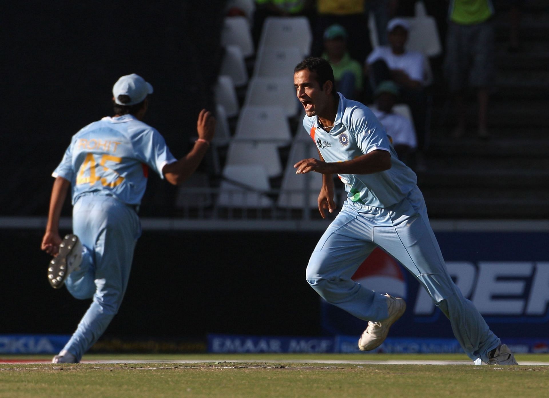 Irfan Pathan celebrates the wicket of Shoaib Malik during the 2007 T20 World Cup final. Pic: Getty Images