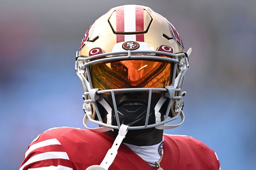 Deebo Samuel of the San Francisco 49ers looks on against the Los