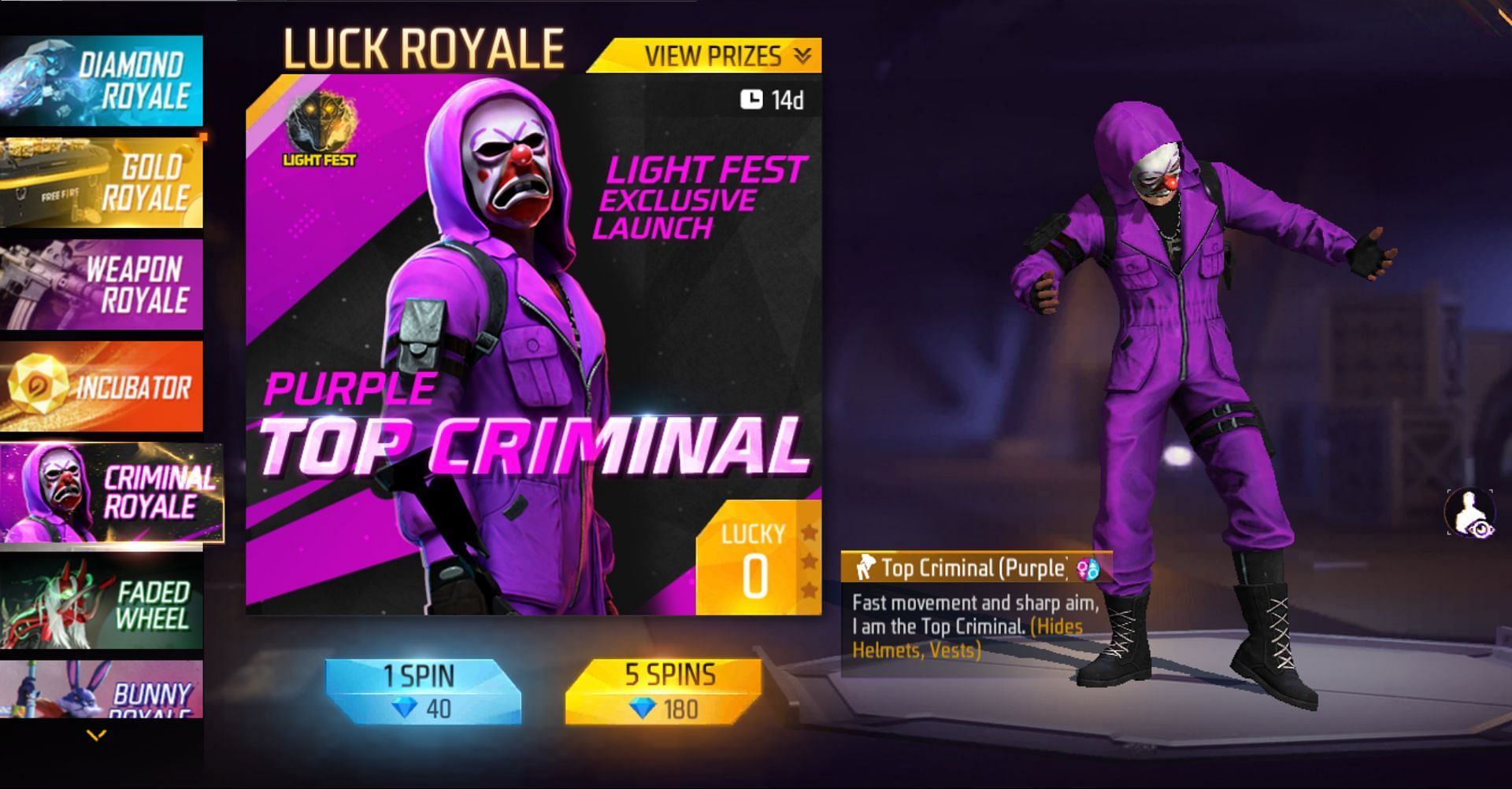 Free Fire MAX Criminal Royale: Get Purple Top Criminal Bundle in